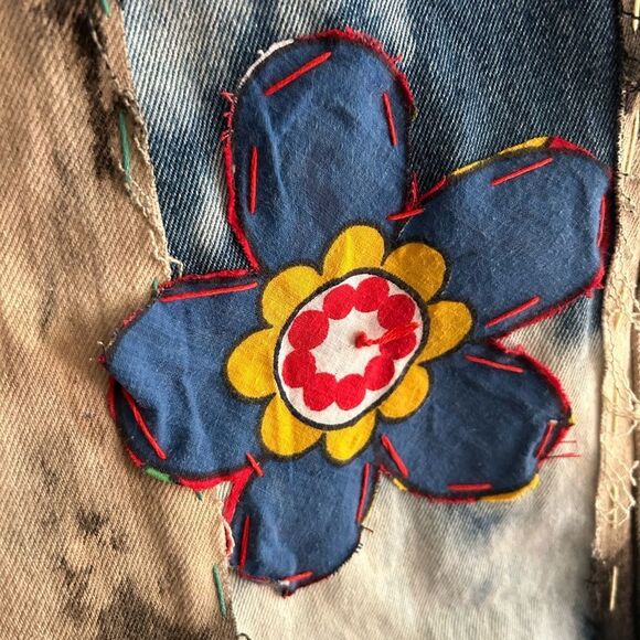 Upcycled Frayed Patchwork Jeans – 34" Waist Handmade Streetwear Pants Wide Leg - Picture 7 of 16